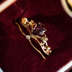 Anillo de piedra preciosa de Manik de rubí vintage, anillo ajustable, conjunto de anillos apilables, anillo de plata de ley s925 chapado en oro