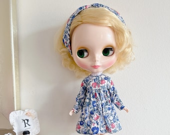 Blythe dress - Blythe floral A-line one piece dress with hair band - doll clothes -