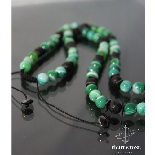 Natural Green Agate Stone Beads Necklace , Gemstone Black Onyx , Lava , and Hematite shops , Macrame Adjustable Necklace Long Necklace