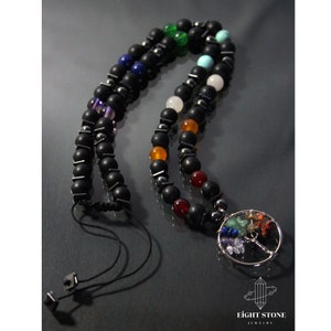 Tree Of Life Natural Healing 7 Chakra Pendant Necklace , Natural Black Onyx Beads Protection Healing Gemstone Long Emotion