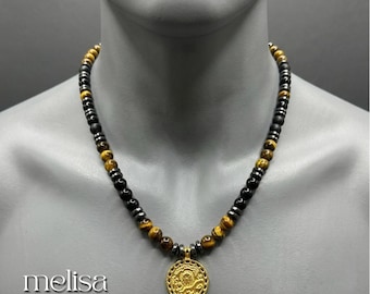 Antique Medallion Pendant, Tigers Eye Shiny Onyx Hematite Beaded Necklace, Men Women Astrology Power Jewelry, Justice Success Gift
