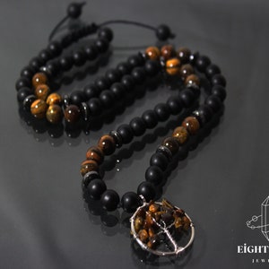 Tiger&#39;s Eye Tree Beaded Necklace Black Onyx Gemstone Necklace Gift for Men Men Bead Necklace Men&#39;s Jewelry Gift for Him Crystal Necklace