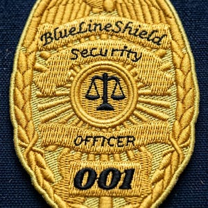 May include: Embroidered gold security officer badge with the text "Blueline Shield Security" and "Officer 001". The badge features a scale of justice symbol in the center and is set against a dark blue background.