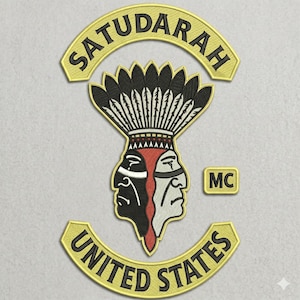 May include: Embroidered patch featuring a Native American chief design. The patch includes the text "SATUDARAH" arched at the top and "UNITED STATES" arched at the bottom, with "MC" in a small rectangle. The design is in yellow, black, red, and white.