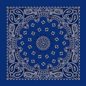 Può includere: Una bandana quadrata con uno sfondo blu intenso e un motivo paisley bianco. Il design include un motivo floreale centrale circondato da complesse forme a goccia vorticose e un bordo decorativo che incornicia l'intero tessuto quadrato.