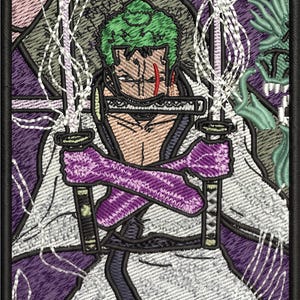 May include: Embroidered patch showing a character with green hair, a scar, and three swords. The character is in a white and purple outfit, with a black border. The design has a stained-glass effect.