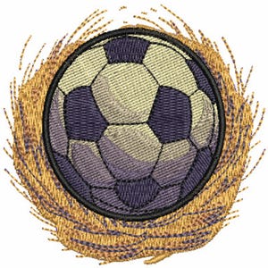May include: Embroidered soccer ball design with a black outline, featuring a pattern of white, purple, and light purple pentagons and hexagons. The ball is surrounded by a ring of golden-brown, textured stitching, creating a decorative emblem.