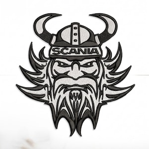May include: An embroidered patch featuring a black and white graphic of a stylized Viking head wearing a horned helmet. The word SCANIA is stitched in black capital letters across the front of the helmet, with sharp, angular hair and beard details.
