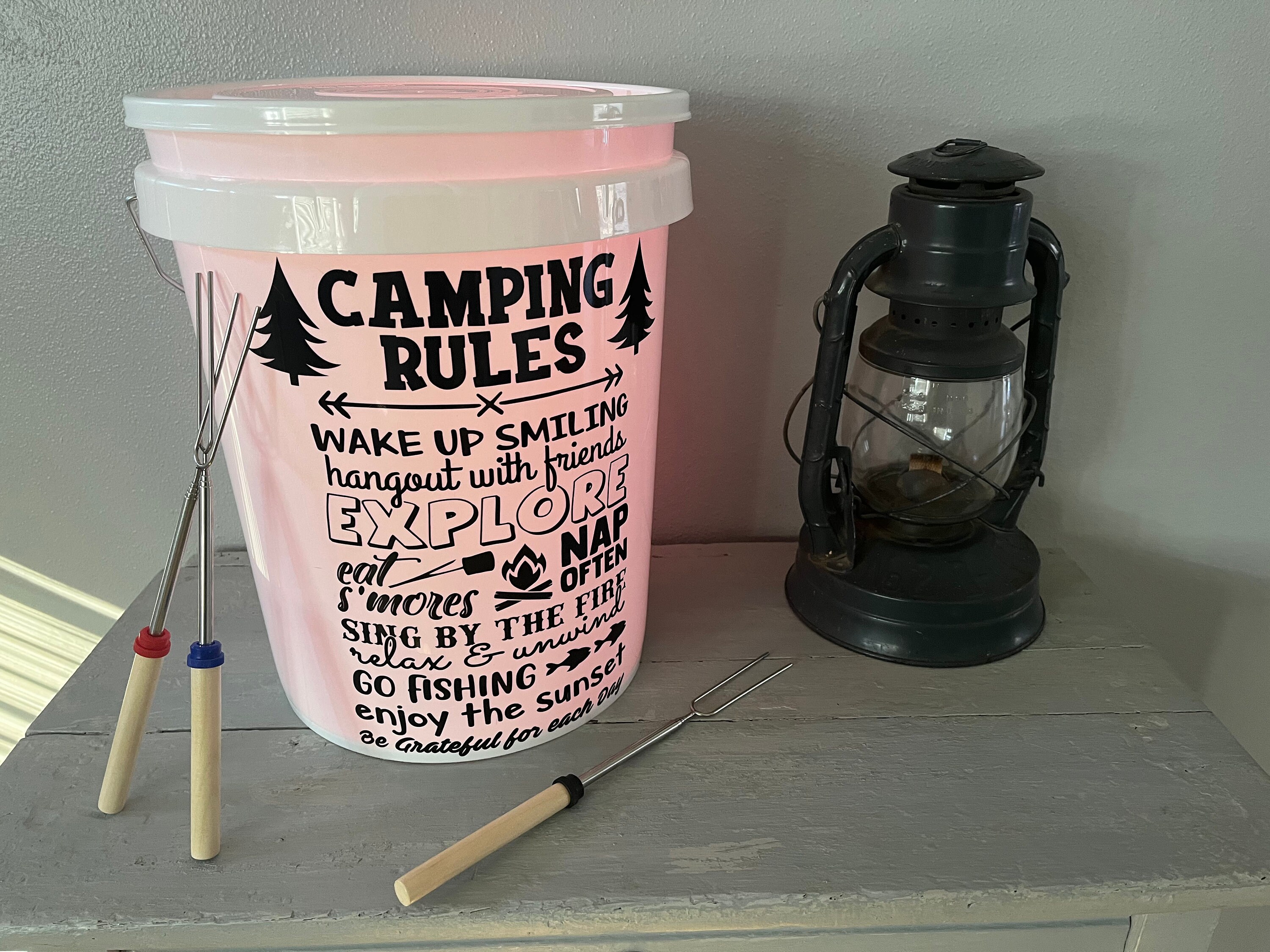 Personalized Campsite Bucket Decor // Camping Bucket // Camping Bucket 3.5  Gallon // Camping Light // Fall Camping Decor 