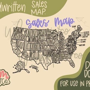 May include: A digital download graphic featuring a handwritten map of the United States, labeled with state names. The design includes the text "Sales Map" and "Digital Download For Use in Procreate". The map is outlined in black on a beige background.