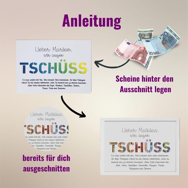 May include: Instructions for a farewell card with a cutout for money. The card says "Lieber Marian, wir sagen TSCH&Uuml;SS" and "Lieber Mathias, wir sagen SCH&Uuml;S!" with a cutout for money. The instructions say "Scheine hinter den Ausschnitt legen" and "bereits f&uuml;r dich ausgeschnitten".
