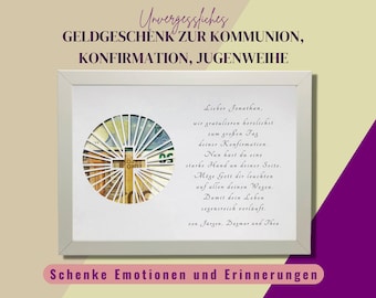 Geldgeschenk Konfirmation personalisiert, Patengeschenk Firmung , Kreuz Konfirmation, Kommunion Geschenk,  Geschenk zur Jugendweihe