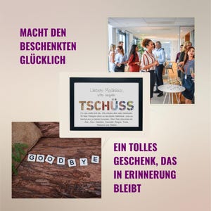 May include: A framed goodbye card with the word "TSCH&Uuml;SS" spelled out in colorful letters. The card has a message that says "Lieber Mathias, wir sagen TSCH&Uuml;SS". The card is sitting on a wooden surface with the word "GOODBYE" spelled out in letter tiles. The image also shows a group of people in an office setting.