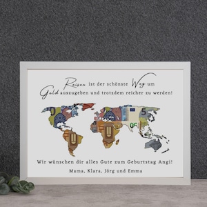 Geldgeschenk Weltkarte Geburtstag, personalisiert, Geldgeschenk 18. Geburtstag, Geschenk zum runden Geburtstag, Geldgeschenkbilderrahmen