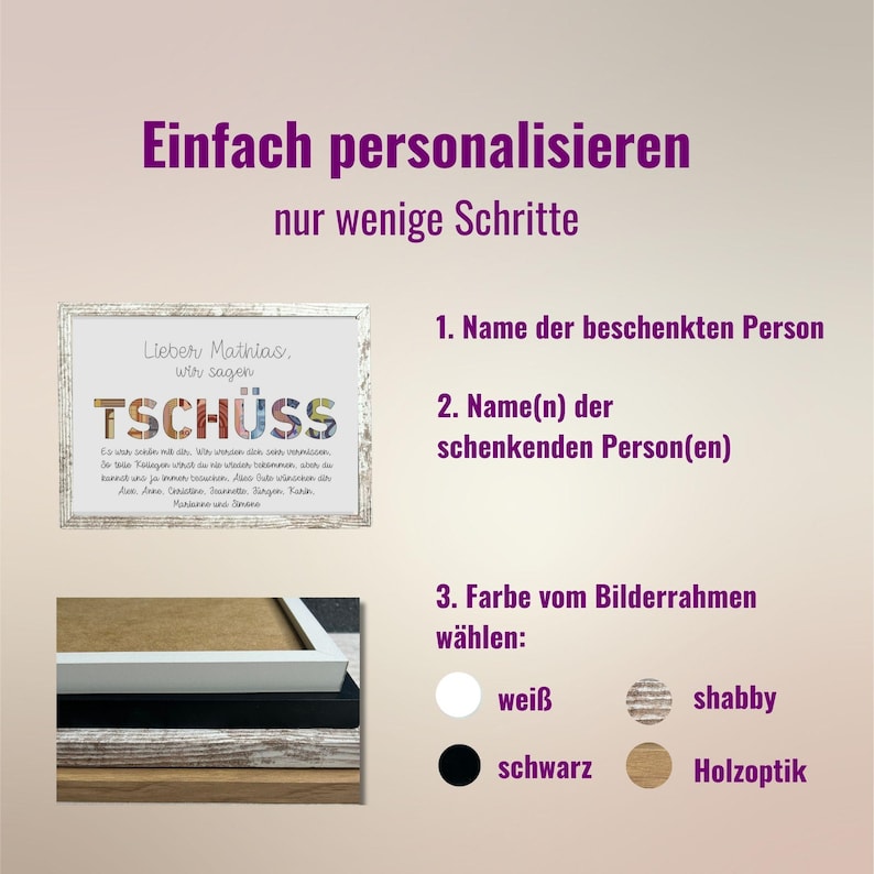 May include: A personalized farewell gift with the text "Lieber Mathias, wir sagen TSCH&Uuml;SS" in a white wooden frame. The frame is available in white, black, or wood-look finishes.