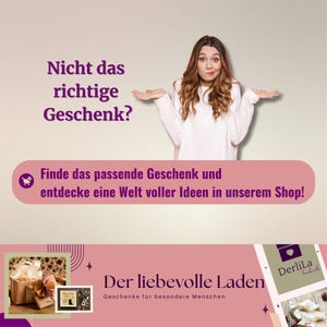 May include: A woman with a confused expression is shown with her hands raised in the air. The text above her reads "Not the right gift?" and below her reads "Find the perfect gift and discover a world of ideas in our shop!" The text below the woman reads "The loving shop, gifts for special people." The text in the bottom right corner reads "DerliLa".