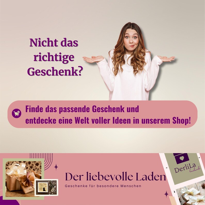 May include: A woman with a confused expression is shown with her hands raised in the air. The text above her reads "Not the right gift?" and below her reads "Find the perfect gift and discover a world of ideas in our shop!" The text below the woman reads "The loving shop, gifts for special people." The text in the bottom right corner reads "DerliLa".