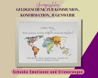 Geldgeschenk Konfirmation personalisiert, Patengeschenk Konfirmation , christliches Geschenk, Kommunion Geschenk,  Weltkarte zur Jugendweihe