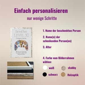May include: A customizable framed print with a gamer-themed design. The print features a video game controller with the text "David hat LEVEL 30 freigeschaltet". The frame is available in white, black, shabby, or wood-look finishes.