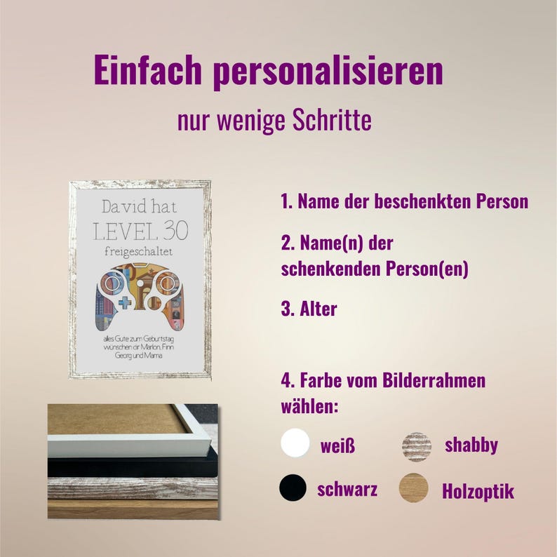 May include: A customizable framed print with a gamer-themed design. The print features a video game controller with the text "David hat LEVEL 30 freigeschaltet". The frame is available in white, black, shabby, or wood-look finishes.
