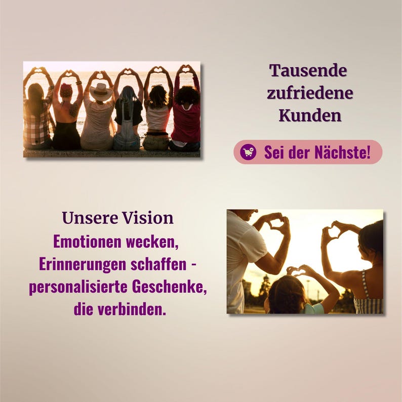May include: A group of people making heart shapes with their hands. The text "Our Vision: Emotions awaken, memories create - personalized gifts that connect." is below the image. The text "Thousands of satisfied customers. Be the next!" is on the right side of the image.