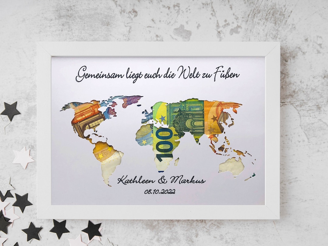 Geldgeschenk zur Hochzeit personalisiert, Geldgeschenk Weltkarte