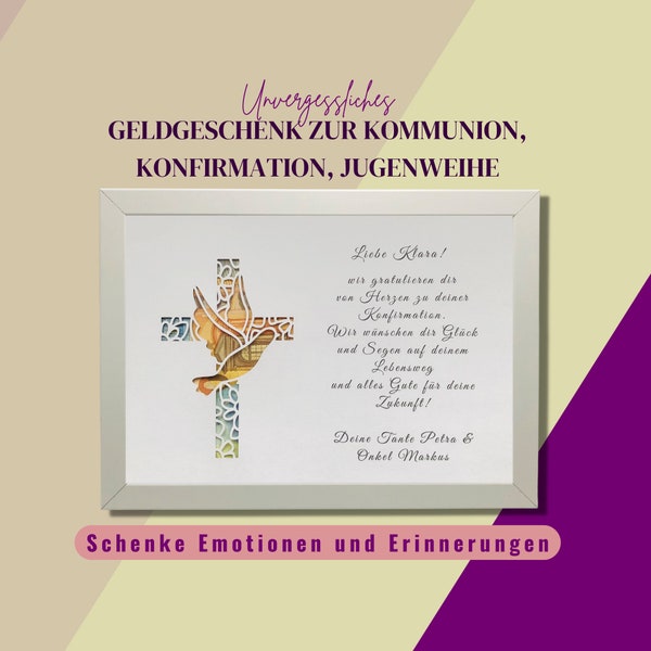 Geldgeschenk Konfirmation personalisiert, Patengeschenk Konfirmation , Taube Konfirmation, Kommunion Geschenk,  Geschenk zur Jugendweihe