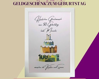 Money gift round birthday, give away money personalized in a picture frame, cake made of banknotes, give away money