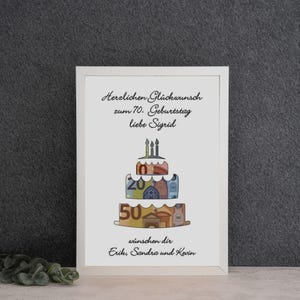 Geldgeschenk runder Geburtstag, Geld verschenken im Bilderrahmen personalisiert, Torte aus Geldscheinen, Geld verschenken
