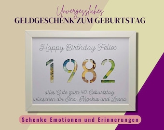 Geldgeschenk im Bilderrahmen, Geldverpackung Geburtstag, personalisierte Geldverpackung, runder Geburtstag, Jahreszahl