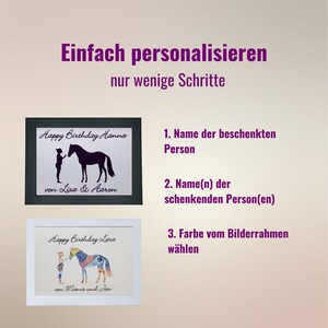 May include: Two rectangular picture frames containing personalised prints. The top frame is black with a silhouette of a person and horse. The bottom frame is white with a colourful patterned horse illustration. Text includes instructions for customisation.
