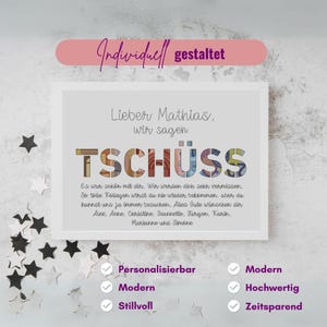May include: A white card with a black frame and a message that says "Lieber Mathias, wir sagen TSCH&Uuml;SS." The card is decorated with a collage of euro bills. The text below the message says "Es war sch&ouml;n mit dir. Wir werden dich sehr vermissen. So tolle Kollegen wirst du nie wieder bekommen, aber du kannst uns ja immer besuchen. Alles Gute w&uuml;nschen dir Alex, Anne, Christine, Jeannette, J&uuml;rgen, Karin. Marianne und Simone". The card has a check mark next to the words "Personalisierbar", "Modern", "Stillvoll", "Modern", "Hochwertig", and "Zeitsparend".