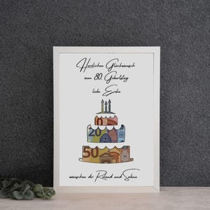 Geldgeschenk runder Geburtstag, Geld verschenken im Bilderrahmen personalisiert, Torte aus Geldscheinen, Geld verschenken, Geburtstagstorte