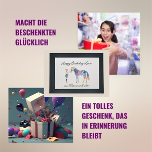 May include: A framed print featuring a watercolour illustration of a person standing next to a horse with a patterned coat. The text reads Happy Birthday Lara von Mama und Jan. The image includes a person holding a red gift and a gift box with balloons.