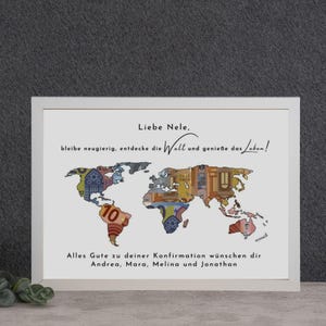 Geldgeschenk Konfirmation personalisiert, Patengeschenk Konfirmation , christliches Geschenk, Kommunion Geschenk,  Weltkarte zur Jugendweihe