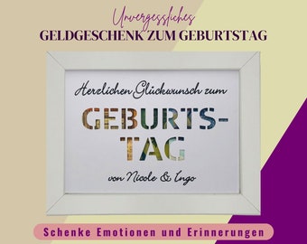 Geldgeschenk zum Geburtstag personalisiert, Geldgeschenk im Bilderrahmen personalisiert, Geld originell verschenken