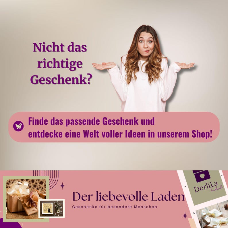 May include: A woman with a confused expression is shown with her hands raised in the air. The text above her reads "Not the right gift?" and below her reads "Find the perfect gift and discover a world of ideas in our shop!" The text below the woman reads "The loving shop, gifts for special people".