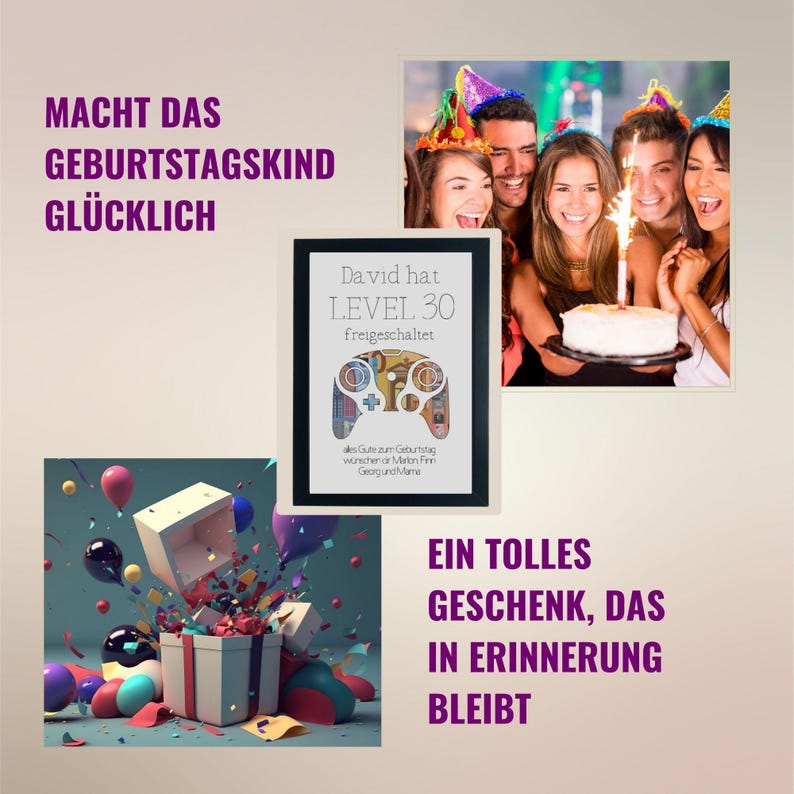 May include: A framed print with a black background and a white border. The print features a video game controller with the text "David hat LEVEL 30 freigeschaltet" and "Gute zum Geburtstag w&uuml;nschen dir Marton Finn Georg und Mama".