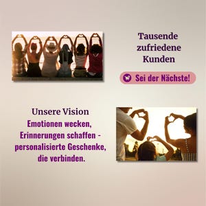 May include: A group of people stand on a beach with their arms raised in a heart shape. The text "Our Vision: Emotions awaken, memories created - personalized gifts that connect." is below the image. The text "Thousands of satisfied customers. Be the next!" is in the upper right corner of the image.