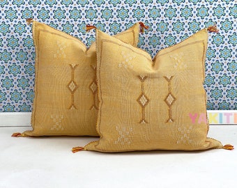 YAKITI-Yellow Square Moroccan Pillows 20x20,Aka Cactus Silk pillow, Decorative pillows,Sabra pillows, Moroccan decor  Designer CACTUS SILK