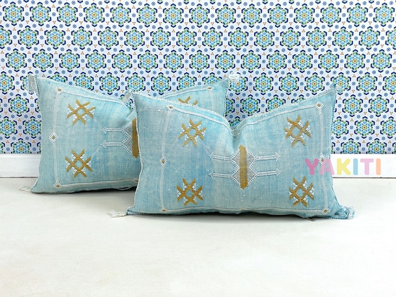 YAKITI-Turquoise  Square Moroccan Pillows ,Aka Cactus Silk pillow,Decorative pillows,Sabra pillows,Moroccan decor  Designer CACTUS