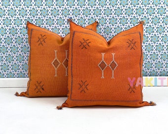 YAKITI-Orange Square Moroccan Pillows 20x20,Aka Cactus Silk pillow, Decorative pillows,Sabra pillows, Moroccan decor  Designer CACTUS SILK