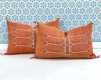 YAKITI-Orange Square Moroccan Pillows, Aka Cactus Silk Pillow - Authentic Moroccan Decor, Luxurious Home Accent