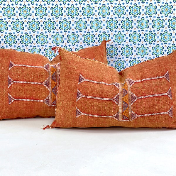 YAKITI-Orange Square Moroccan Pillows, Aka Cactus Silk Pillow - Authentic Moroccan Decor, Luxurious Home Accent