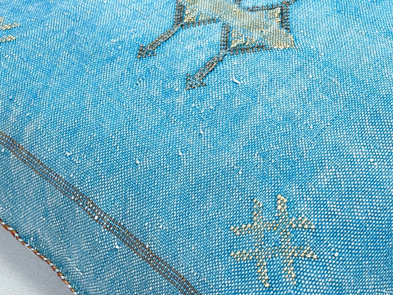 May include: A blue throw pillow with a white geometric pattern. The pillow has a brown border and is made of a woven fabric.