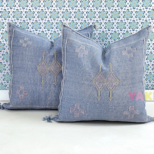 YAKITI-Light Blue Square Moroccan Pillows 20x20,Aka Cactus Silk pillow,Decorative pillows,Sabra pillows,Moroccan decor Designer CACTUS