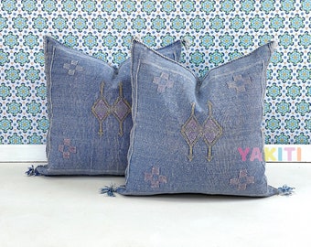 YAKITI-Light Blue Square Moroccan Pillows 20x20,Aka Cactus Silk pillow,Decorative pillows,Sabra pillows,Moroccan decor  Designer CACTUS