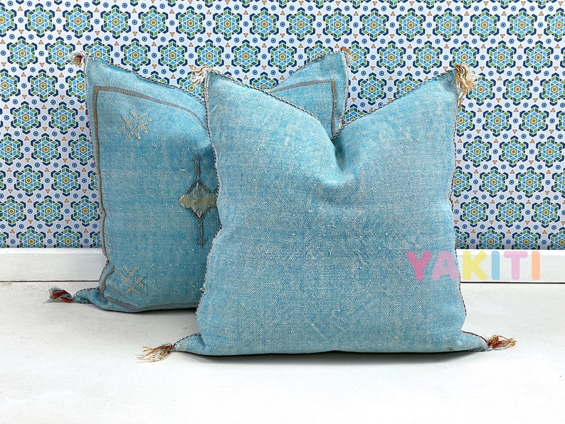 May include: Two light blue throw pillows with tassels. The pillows have a subtle woven pattern and are arranged on a white surface with a patterned background.