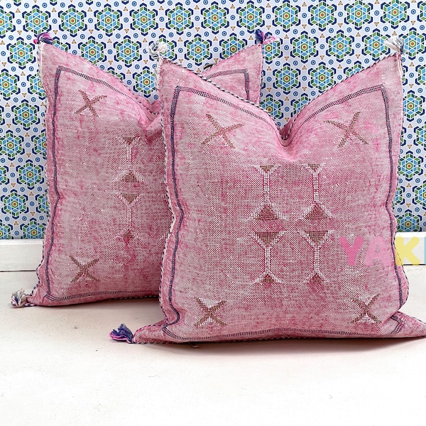 YAKITI-Pink Square Moroccan Pillows 20x20,Aka Cactus Silk pillow, Decorative pillows, Sabra pillows, Moroccan decor  Designer CACTUS SILK