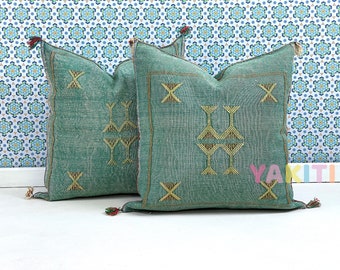 YAKITI-Green Square Moroccan Pillows 20x20,Aka Cactus Silk pillow, Decorative pillows,Sabra pillows, Moroccan decor  Designer CACTUS SILK